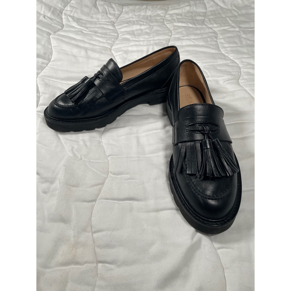 Stuart Weitzman Women Black Leather Kiltie Tassel Lug Sole Loafers Size 8 Spain